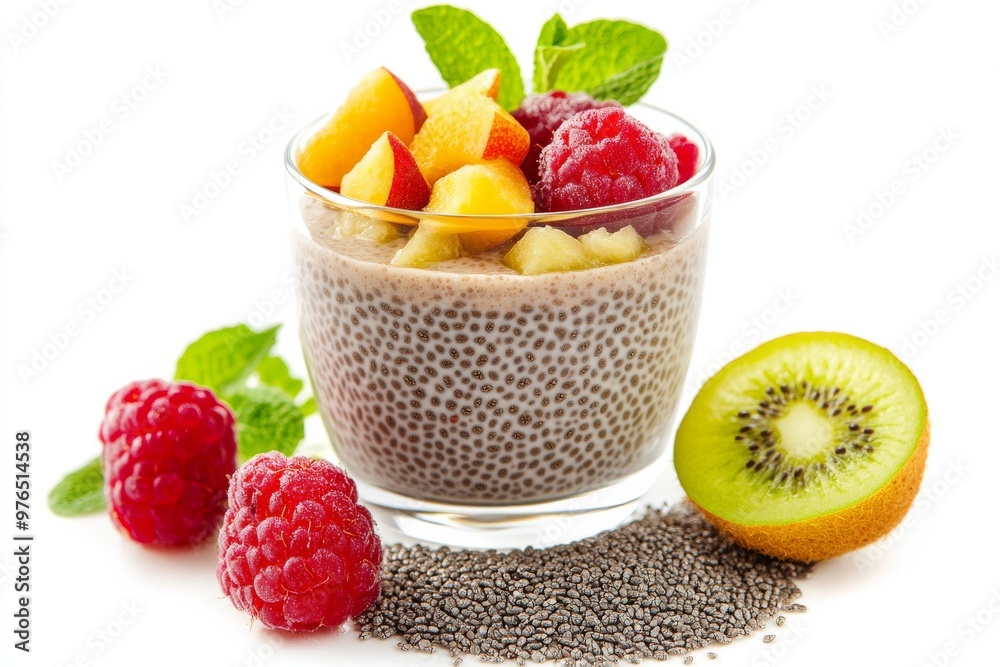 Wall mural Chia Pudding, A mixture of chia seeds and milk (or a dairy-free alternative) left to thicken overnight, Isolated on White Background