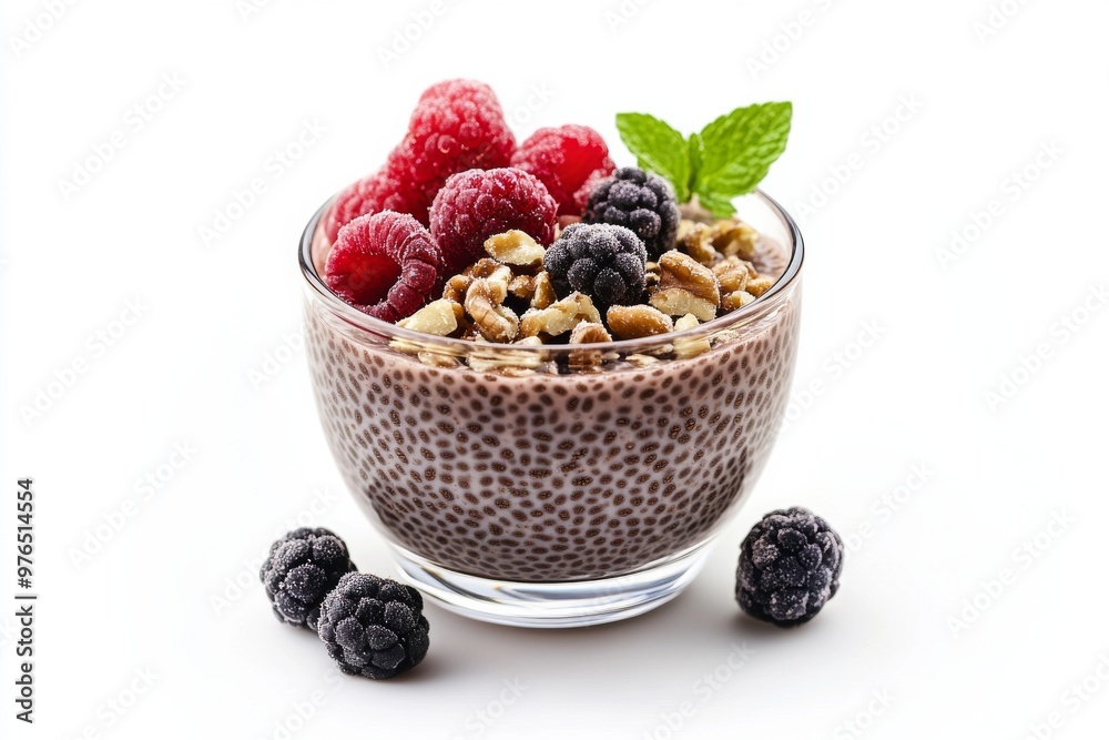 Wall mural Chia Pudding, A mixture of chia seeds and milk (or a dairy-free alternative) left to thicken overnight, Isolated on White Background