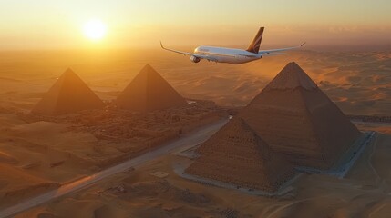 Fototapeta premium Airplane Flying Over the Pyramids of Giza at Sunset