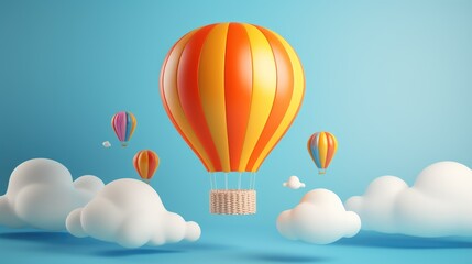 A bright orange and yellow hot air balloon with red, purple, and orange balloons in the background floating above white clouds on a blue background.