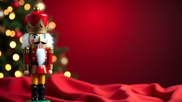 A red and gold nutcracker soldier with a festive red bokeh background and warm lighting