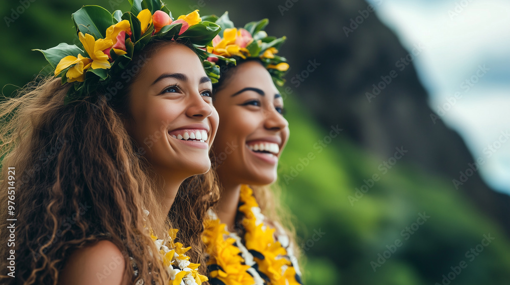 Wall mural two young women with floral crowns and leis smile joyfully, embracing the vibrant nature and culture