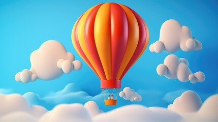 Fototapeta premium A red and yellow cartoon hot air balloon floats above fluffy white clouds against a blue sky.
