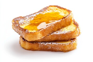 French Toast, Bread slices soaked in a mixture of beaten eggs and milk, then fried until golden brown, often served with syrup, powdered sugar, and fruits. Isolated on White Background