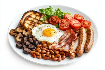 Full English Breakfast, A hearty meal typically including fried eggs, bacon, sausages, baked beans, grilled tomatoes, mushrooms, and toast. isolated on white background