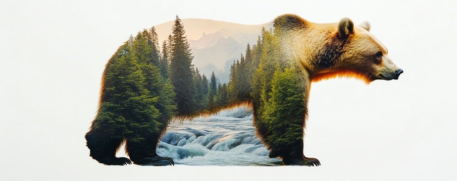 A captivating double exposure of a bear combined with a serene forest landscape and river, showcasing nature's beauty.