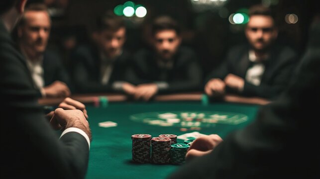 Professional poker players at a tournament, spectators watching with excitement, high-stakes atmosphere