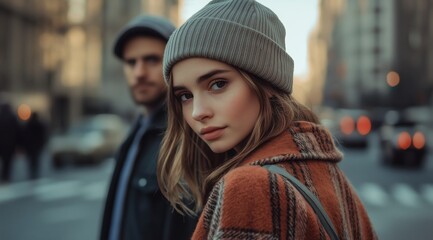 Fototapeta premium Urban Fashion Portrait of Young Woman in Winter Beanie with Downtown City Mood and Soft Bokeh Background