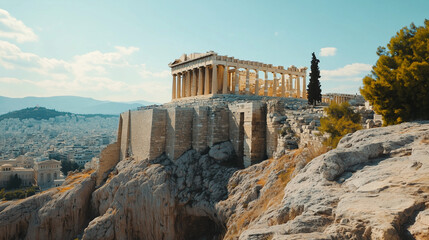 Ancient temple ruins atop a rocky hill with a cityscape in the background under a bright, clear sky.