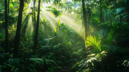 Obraz premium Sunlight filters through lush, dense tropical rainforest, illuminating vibrant green foliage and creating a serene, natural atmosphere.