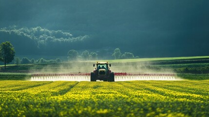 Fototapeta premium Tractor Spraying Crop Field