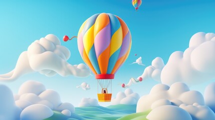 Obraz premium A colorful hot air balloon flies over a landscape of puffy white clouds against a bright blue sky.