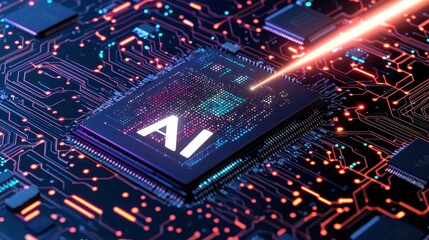 Obraz premium AI Chip on Circuit Board with Glowing Lines