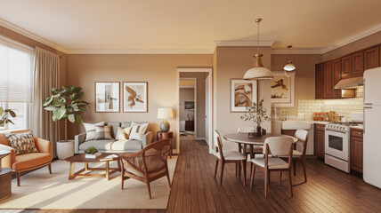 A mockup of a cozy home with a living room, dining area, and kitchen. The living room has a sofa, a chair, a coffee table, and a plant. The dining area has a table and chairs. The kitchen has a stove,