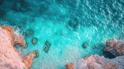 Obraz premium Aerial View of Clear Turquoise Sea Water and Rocky Coastline