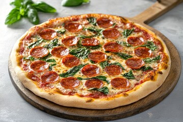 Tasty pepperoni pizza with basil on grey table , ai
