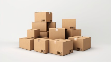 A group of cardboard boxes of various sizes stacked on a white background.