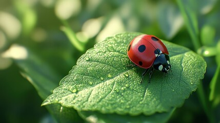 Obraz premium Ladybug on a Dew-Covered Leaf