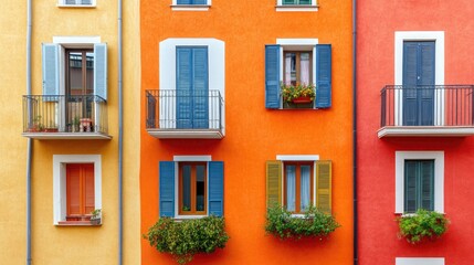 Obraz premium Colorful Italian Building Facade with Vibrant Balconies and Windows in Sunny Weather