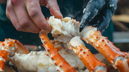 Close-up of someone cracking open a crab leg, revealing the tender