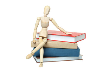 PNG, A stack of books with a wooden man, isolated on white background