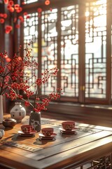 Chinese classical french window, porcelain tea set on the table