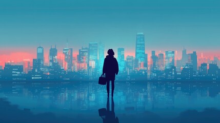 Silhouette of Person Walking Towards Vibrant City Skyline at Dawn