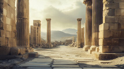 Ancient ruins illuminated by the golden evening sun, showcasing classical Greco-Roman architecture with tall columns and weathered stone structures.