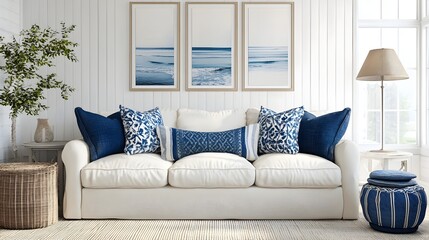Cozy and Inviting Coastal Inspired Living Room with Framed Art and Natural Accents