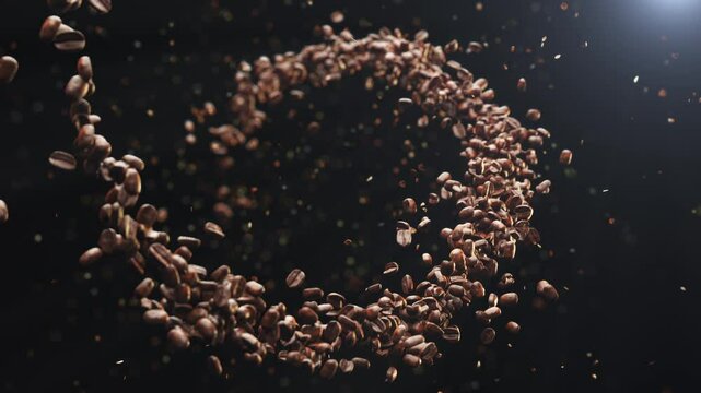 The close-up video shows a slow motion of coffee bean seed isolated on black background with a part spiral. 3D animation.	
