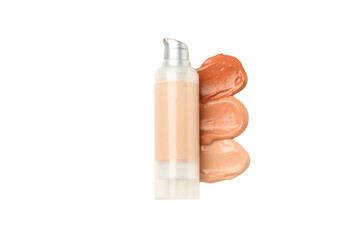 PNG, Strokes of three shades of foundation and cosmetic bottle, isolated on white background, top...