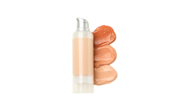 PNG, Strokes of three shades of foundation and cosmetic bottle, isolated on white background, top view