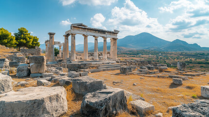 Fototapeta premium Ancient ruins of a Greek temple under a bright blue sky, with an expansive mountain range in the background.