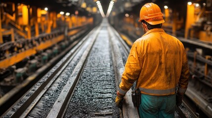 Fototapeta premium Industrial Worker Inspecting Conveyor Belts in Gritty Coal Processing Plant amid Large Machinery - Tough and Hardworking Atmosphere