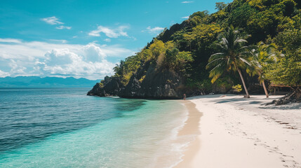 Obraz premium A pristine tropical beach with white sand, turquoise waters, lush green trees, and dramatic rocky cliffs under a bright blue sky with white clouds.