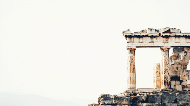 Ancient stone ruins with weathered columns and a partial archway against a pale sky, showcasing historical architecture and timeless beauty.