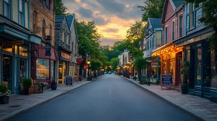 Fototapeta premium Charming Town Street at Dusk, Golden Hour, Shops, Cobblestone