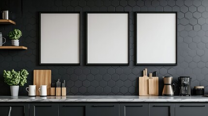 Modern Kitchen with Black Tiles and Empty Frames
