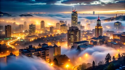 Obraz premium City View with Dramatic Night Lights when it rains with a little fog