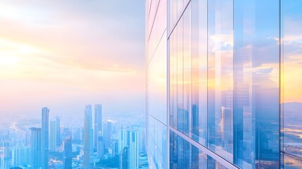 Obraz premium Cityscape Reflection in Glass Building at Sunset