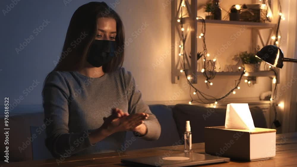 Poster A person in a mask sanitizes their hands at a dimly lit desk adorned with decorative lights.