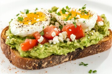 Avocado Toast, Toasted bread topped with mashed avocado, and often garnished with ingredients like tomatoes, poached eggs, feta cheese, and chili flakes. Isolated on White Background