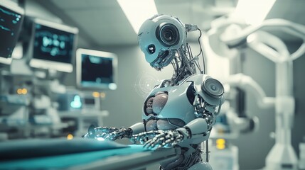Fototapeta premium Advanced Medical Robot Performing Surgery in Futuristic Operating Room Setting
