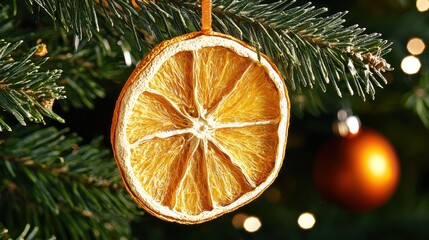 Dried Orange Slice Christmas Ornament on Pine Tree Branch