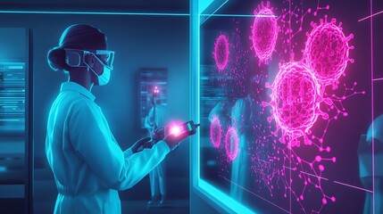 A scientist uses virtual technology to analyze virus data, showcasing innovation in medical research and advanced healthcare solutions.