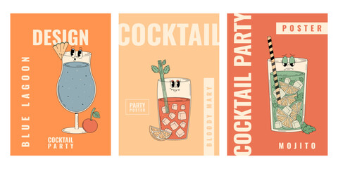 Groovy character bloody mary, mojito, blue lagoon. Retro summer party posters set with popular alcoholic beverage. Vintage vector illustration 70s, 80s style