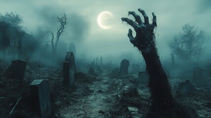 Obraz premium Eerie Zombie Rising from Graveyard at Moonlit Night with Broken Tombstones and Misty Atmosphere
