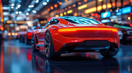 Sleek Red Sports Car in Modern Showroom with Ambient Lighting and Reflective Floor