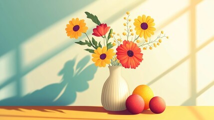 Sunny Still Life with Colorful Flowers in Vase and Citrus Fruits on Table