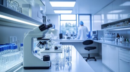 Modern Laboratory Microscope with Test Tubes and Scientist in the Background